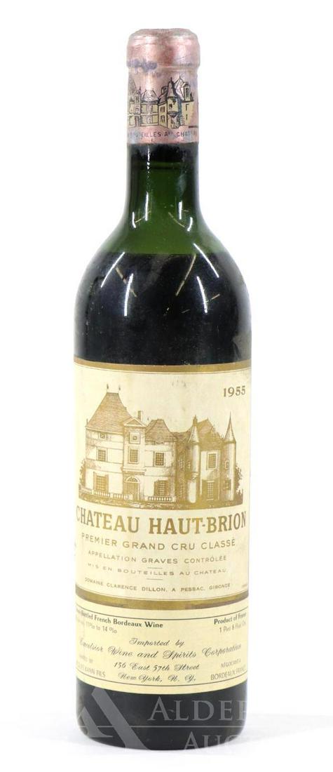 Chateau Haut-Brion Premier Grand Cru Classe Wine 1955: Chateau Haut-Brion Premier Grand Cru Classe 1955. (1) bottle of wine at 750 ml. Upper-top shoulder fill; corroded capsule; slight tear and soiling on label. This item is not available for shipping, pi