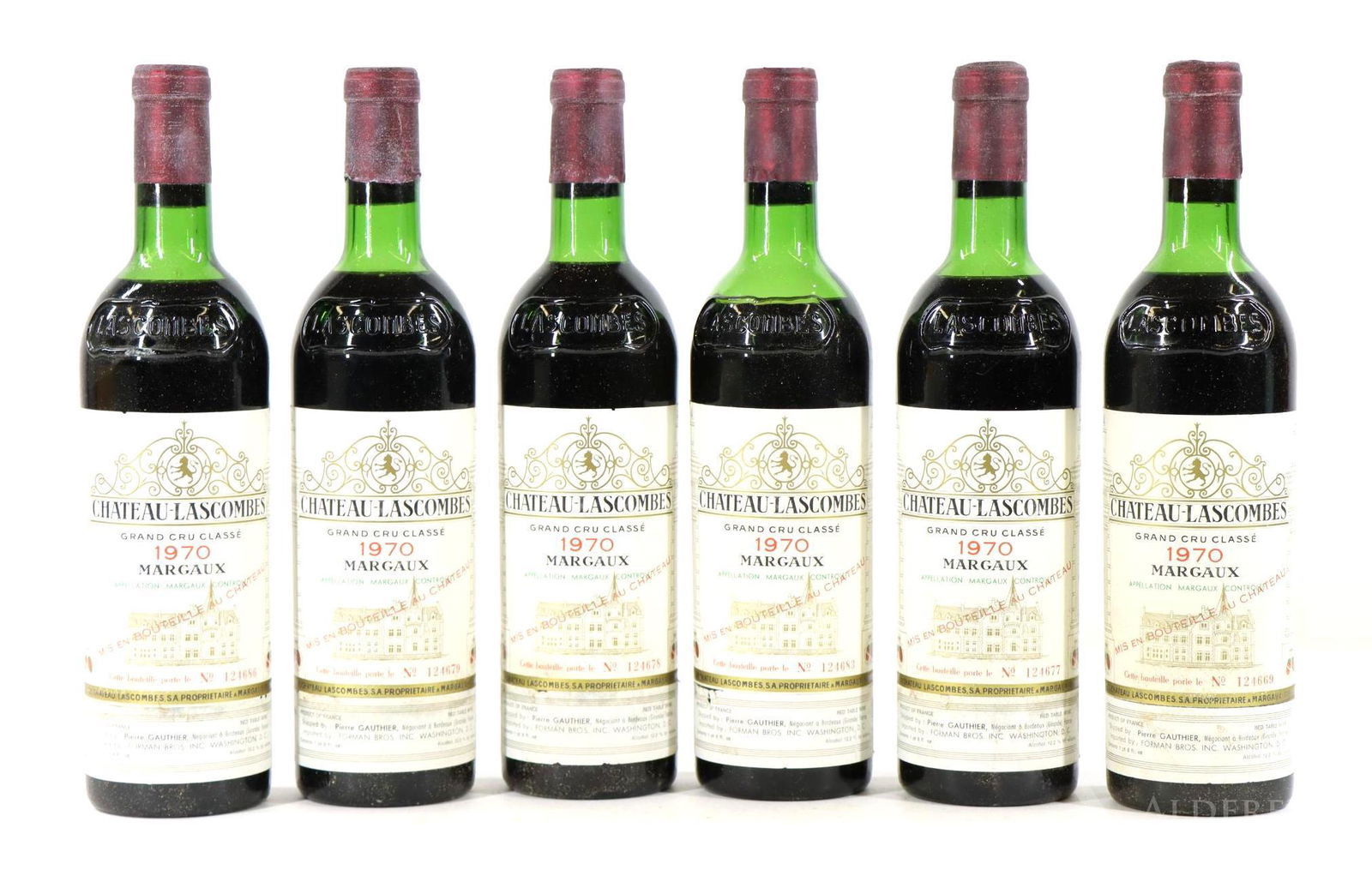 Chateau Lascombes Grand Cru Classe Margaux Wine 1970: Chateau Lascombes Grand Cru Classe Margaux, 1970. (6) bottles of wine at 750 ml. Upper - top shoulder fill. This item is not available for shipping, pick up only.