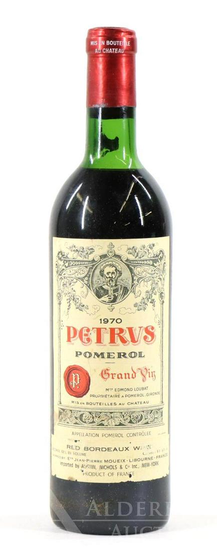 Petrus Pomerol Grand Vin Wine 1970 (1): Petrus Pomerol Grand Vin, 1970. (1) bottle at 750 ml. Top neck fill, slight sediment in the neck. This item is not available for shipping, pick up only.