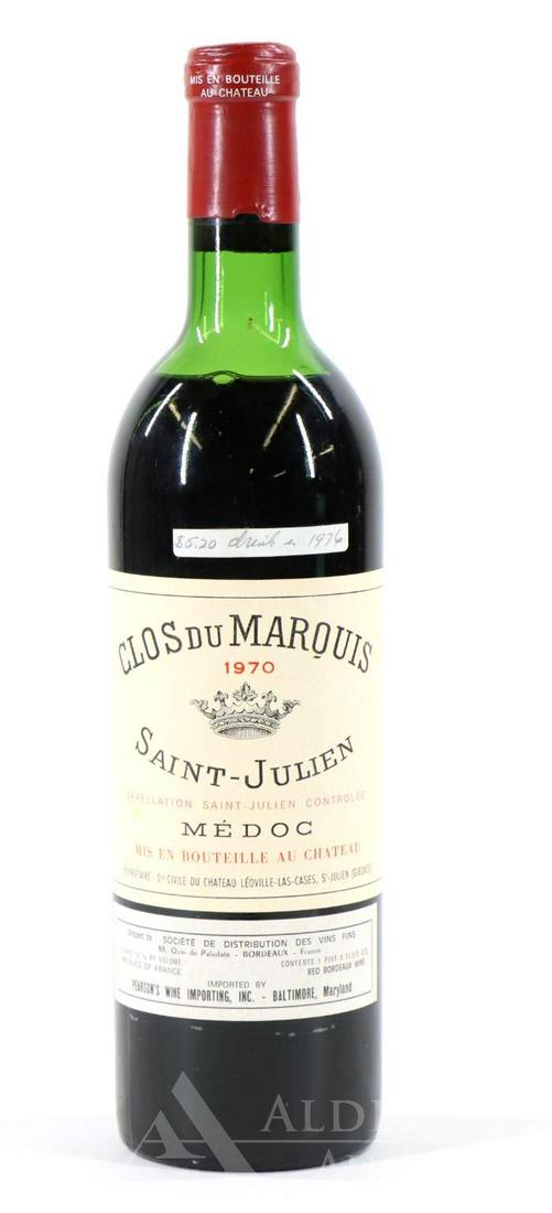 Clos Du Marouis Saint-Julien Medoc Wine 1970 (1): Clos Du Marouis Saint-Julien Medoc, 1970. (1) bottle of wine at 750 ml. Top shoulder fill. This item is not available for shipping, pick up only.