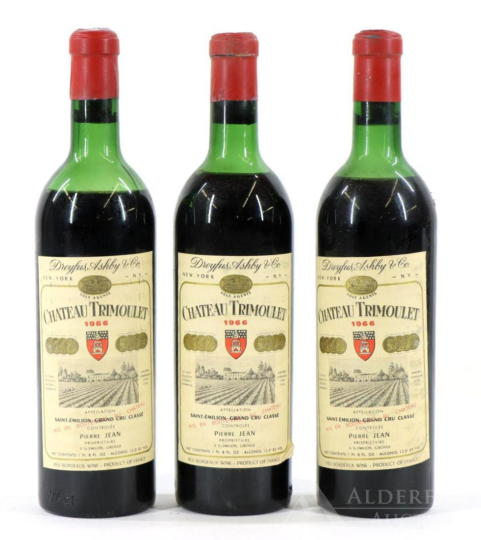 Chateau Trimoulet Dieyfus, Ashby & Co.: Chateau Trimoulet Dieyfus, Ashby & Co. Saint-Emilion-Grand Cru Classe 1966; Chateau Kirwan Grand Cru Classe Margaux, 1967; and Veuve Clicquot Ponsardin, 1970. (3) bottles at 750 ml. Mid to upper shoul