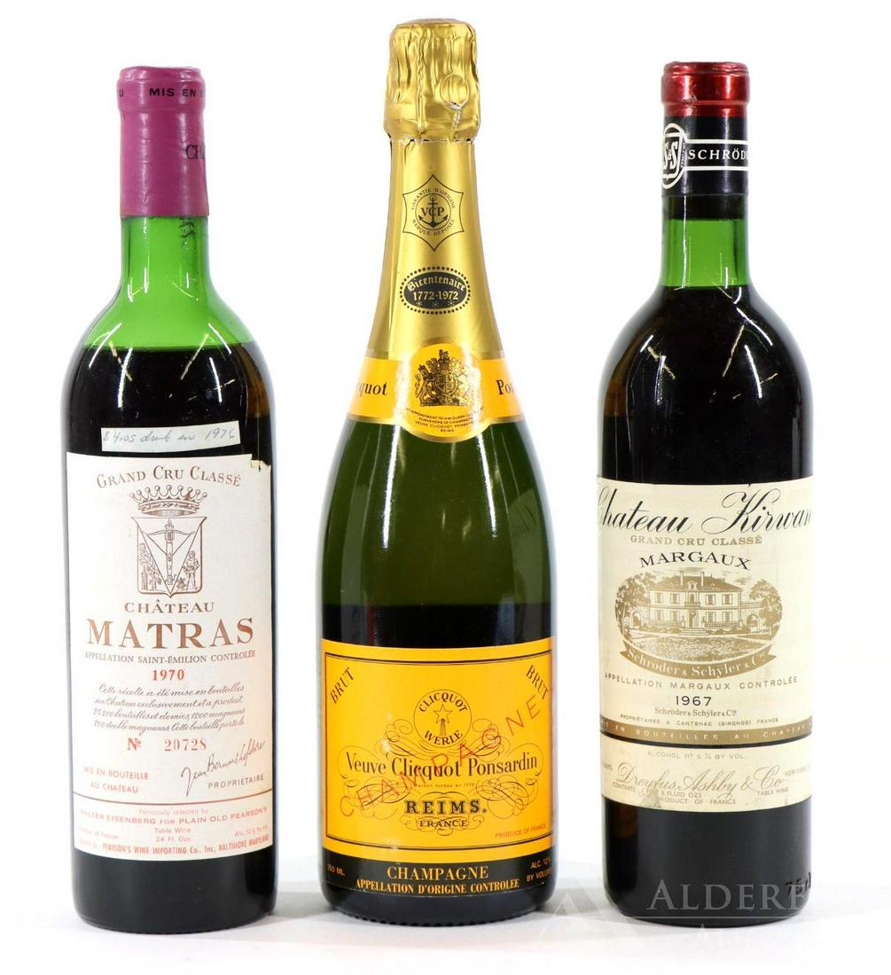 Chateau Kirwan Grand Cru Classe Margaux Wine 1967 and: Chateau Kirwan Grand Cru Classe Margaux Wine 1967 (1); Chateau Matras Grand Cru Classe 1970 (1); and Veuve Clicquot Ponsardin (1). This item is not available for shipping, pick up only.