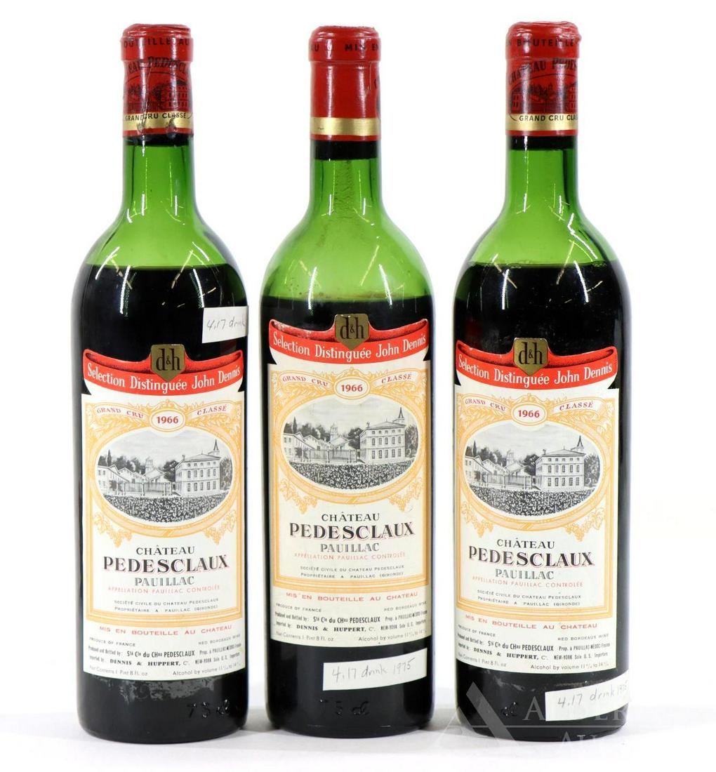 Chateau Pedesclaux Pauillac Grand Cru Classe Wine 1966: Chateau Pedesclaux Pauillac Grand Cru Classe 1966. (3) bottles of wine at 750 ml. Low shoulder fill (1) and mid shoulder fill (2). This item is not available for shipping, pick up only.