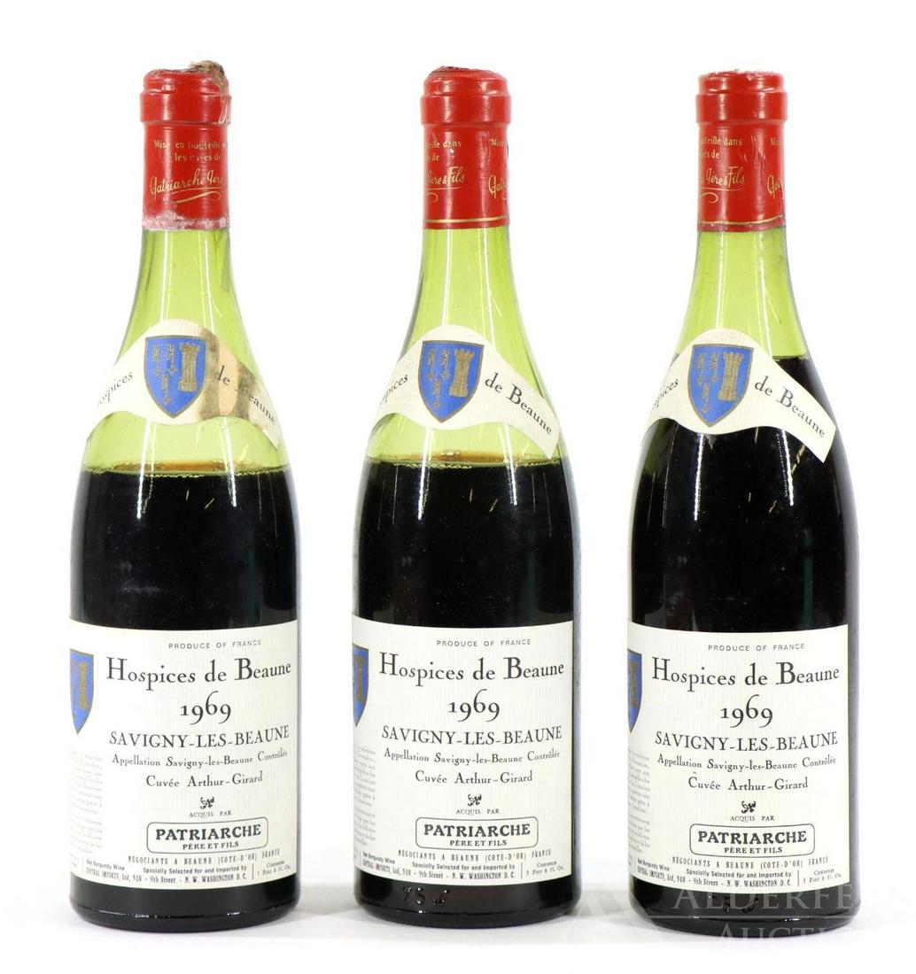 Hospices de Beaune Savigny Les Beaune Wine 1969 (3): Hospices de Beaune Savigny Les Beaune, 1969. (3) bottles of wine at 750 ml. Fill down 8 cm (2) and fill down 4 cm (1). This item is not available for shipping, pick up only.