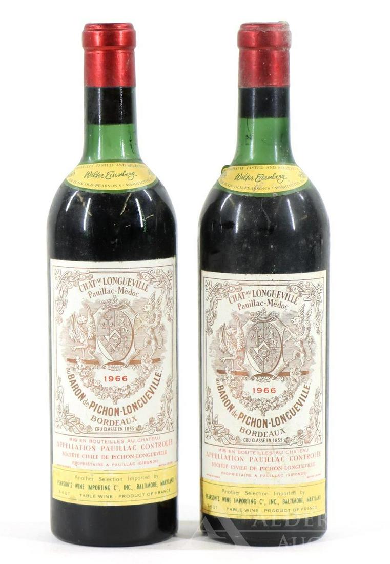 Chat Au Longueville Pauillac-Medoc Bordeaux Wine 1966: Chat Au Longueville Pauillac-Medoc Bordeaux, 1966. (2) bottles at 750 ml. Below the neck fill (1) and mid shoulder fill (1). This item is not available for shipping, pick up only.