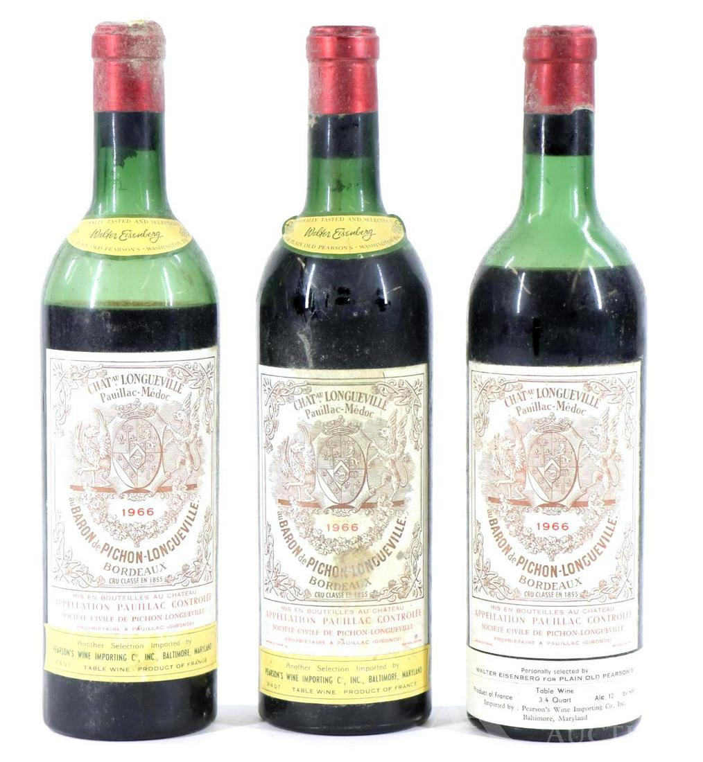 Chat Au Longueville Pauillac-Medoc Bordeaux Wine 1966: Chat Au Longueville Pauillac-Medoc Bordeaux, 1966. (3) bottles of wine at 750 ml. Low shoulder (1) and upper shoulder (2); oxidized capsule. This item is not available for shipping, pick up only.