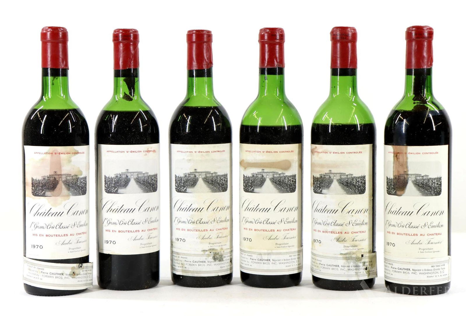 Chateau Canon 1er Grand Cru Classe St Emilion Wine 1970: Chateau Canon 1er Grand Cru Classe St. Emilion, 1970, (6) bottles at 750 ml. Low-mid shoulder fill, some label staining. This item is not available for shipping, pick up only.