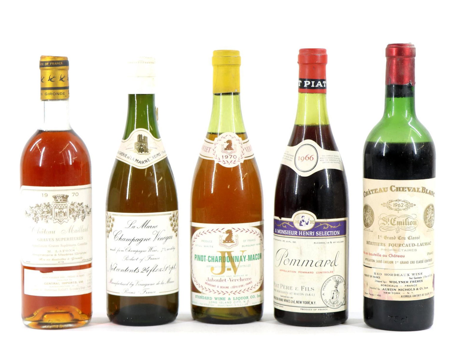 Chateau Cheval Blanc Heritiers Fourcaud-Laussac Wine: Chateau Cheval Blanc Heritiers Fourcaud-Laussac, 1962; Pommard Monsieur Henri Selection, 1966; Chateau Maillard Graves Superieures, 1970; Pinot-Chardonnay-Macon Jaboulet-Vercherre, 1970; and La Marne 