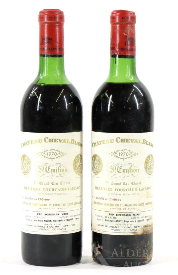 Chateau Cheval Blanc Heritiers Fourcaud-Laussac St.: Chateau Cheval Blanc Heritiers Fourcaud-Laussac St. Emilion, 1970. (2) bottles at 750 ml. Top shoulder fill. This item is not available for shipping, pick up only.
