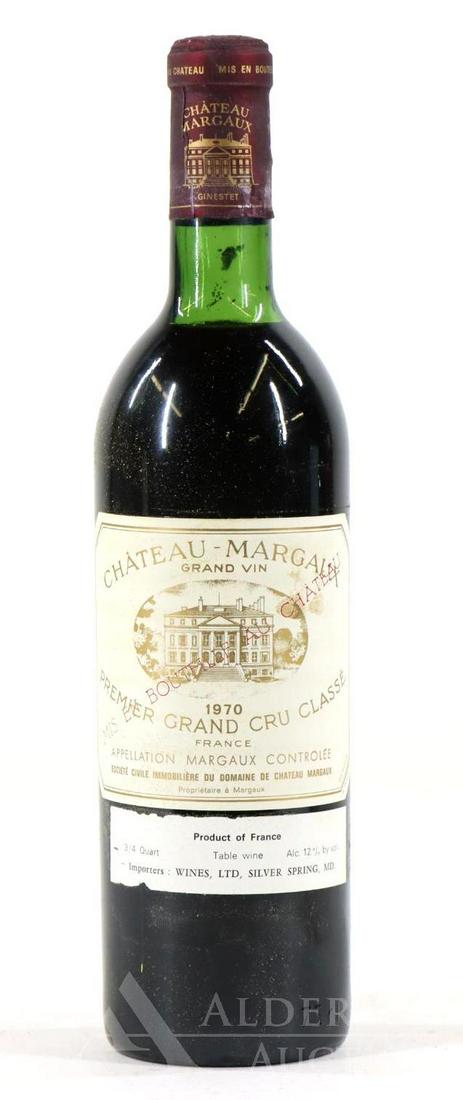 Chateau Margaux Premier Grand Cru Classe Wine 1970 (1): Chateau Margaux Premier Grand Cru Classe 1970. (1) bottle of wine at 750 ml. Below the neck, slight damage to capsule. This item is not available for shipping, pick up only.