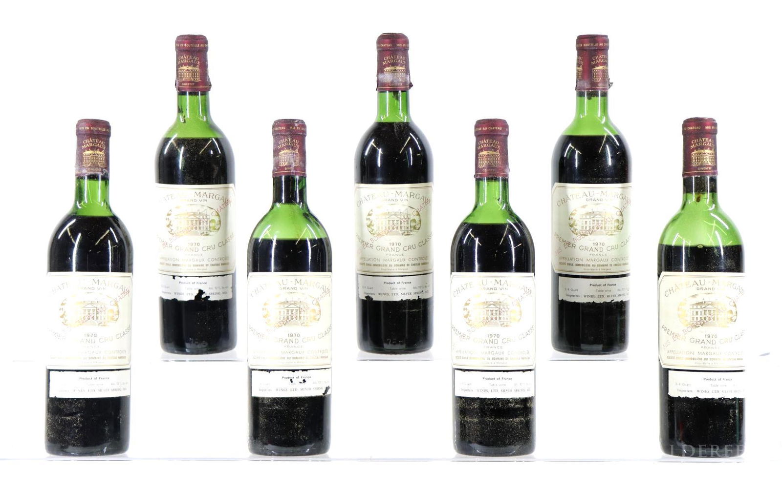 Chateau Margaux Premier Grand Cru Classe Wine 1970 (7): Chateau Margaux Premier Grand Cru Classe 1970. (7) bottles of wine at .750 ml. Mid-upper shoulder fill, capsule damage. This item is not available for shipping, pick up only.