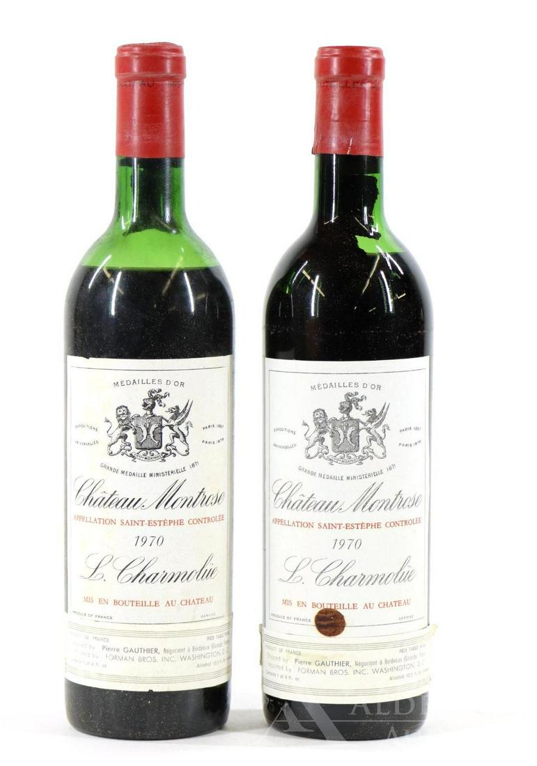 Chateau Montrose L. Charmolue Wine 1970 (2): Chateau Montrose L. Charmolue, 1970. (2) bottles at 750 ml. Upper shoulder fill, sediment in the neck. This item is not available for shipping, pick up only.