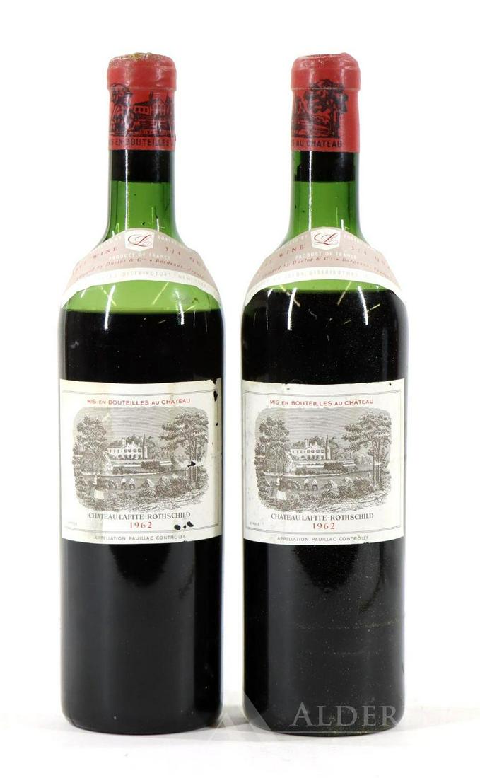 Chateau LaFite-Rothschild Wine 1962 (2): Chateau LaFite-Rothschild, 1962. (2) bottles of wine at 750 ml. Low shoulder fill and mid shoulder fill, nicked label (1). This item is not available for shipping, pick up only.
