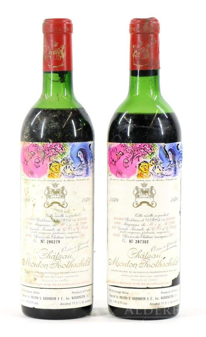 Chateau Mouton Rothschild Wine 1970 (2): Chateau Mouton Rothschild, 1970. (2) bottles of wine at 750 ml. Upper shoulder fill, soiled labels. This item is not available for shipping, pick up only.