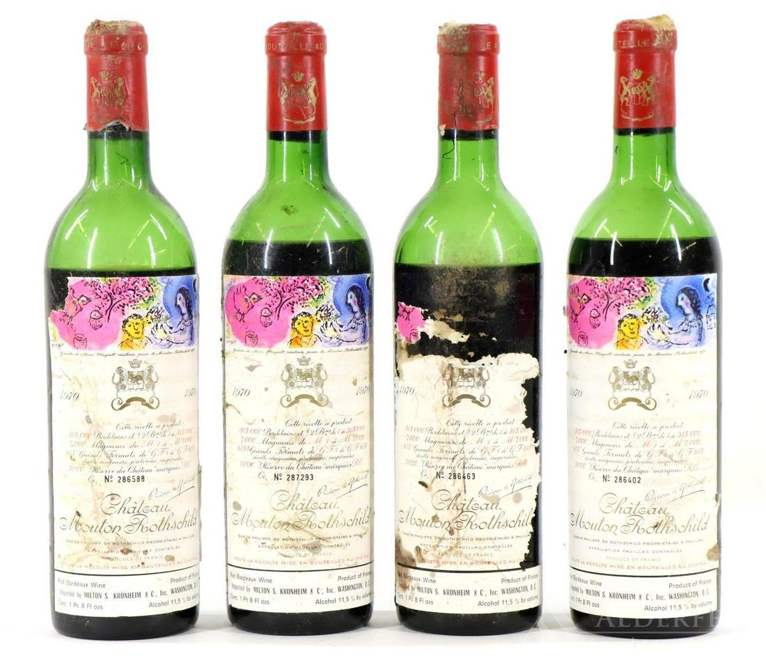 Chateau Mouton Rothschild Wine 1970 (4): Chateau Mouton Rothschild, 1970. (4) bottles at 750 ml. Low shoulder fill, damaged capsules, soiled and torn labels. This item is not available for shipping, pick up only.
