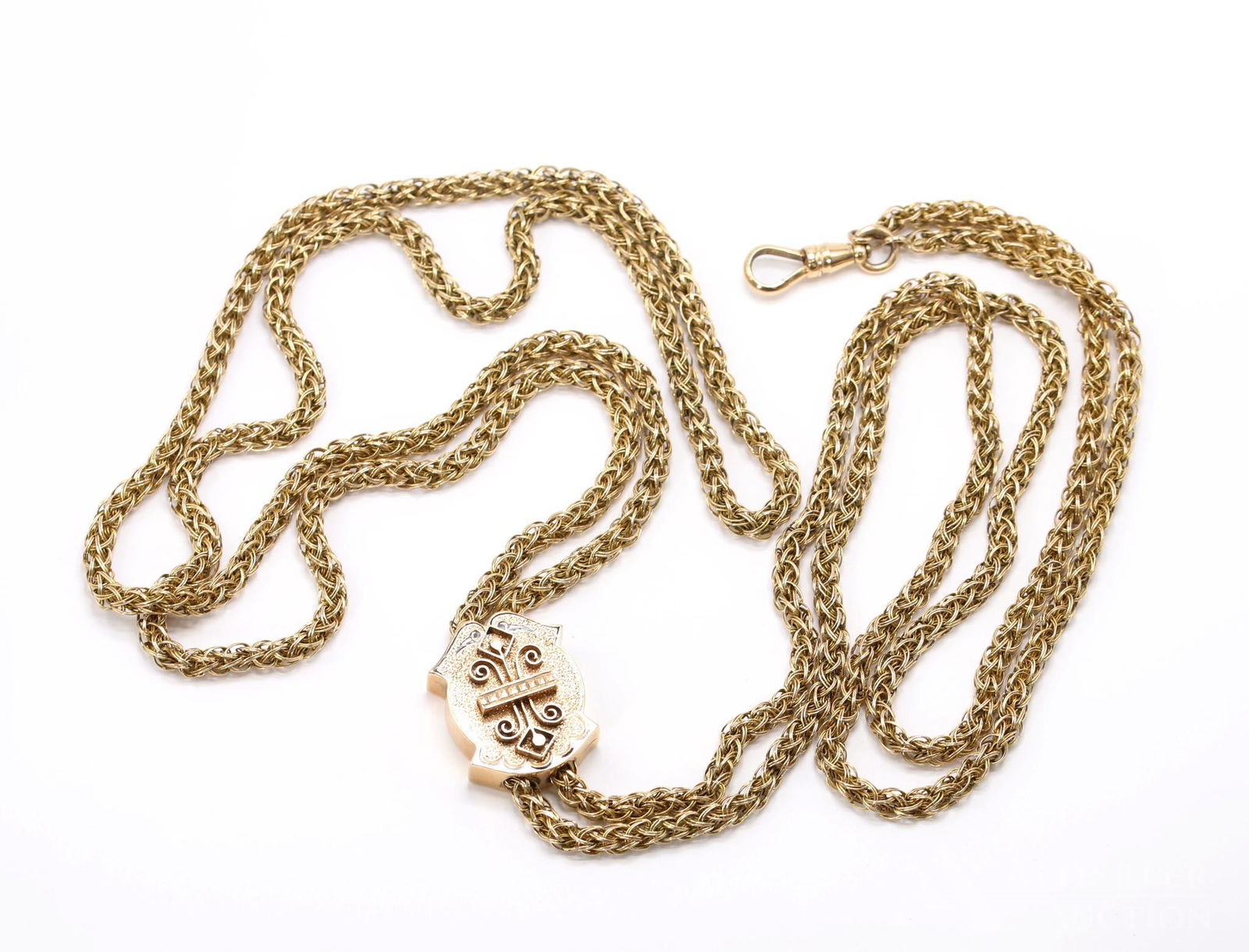 14K Gold Victorian Watch Chain: Rosy yellow gold chain features a rose gold slide with black enamel detailing. 34" long loose link dragon type chain with full swivel claw. 70.3gtw