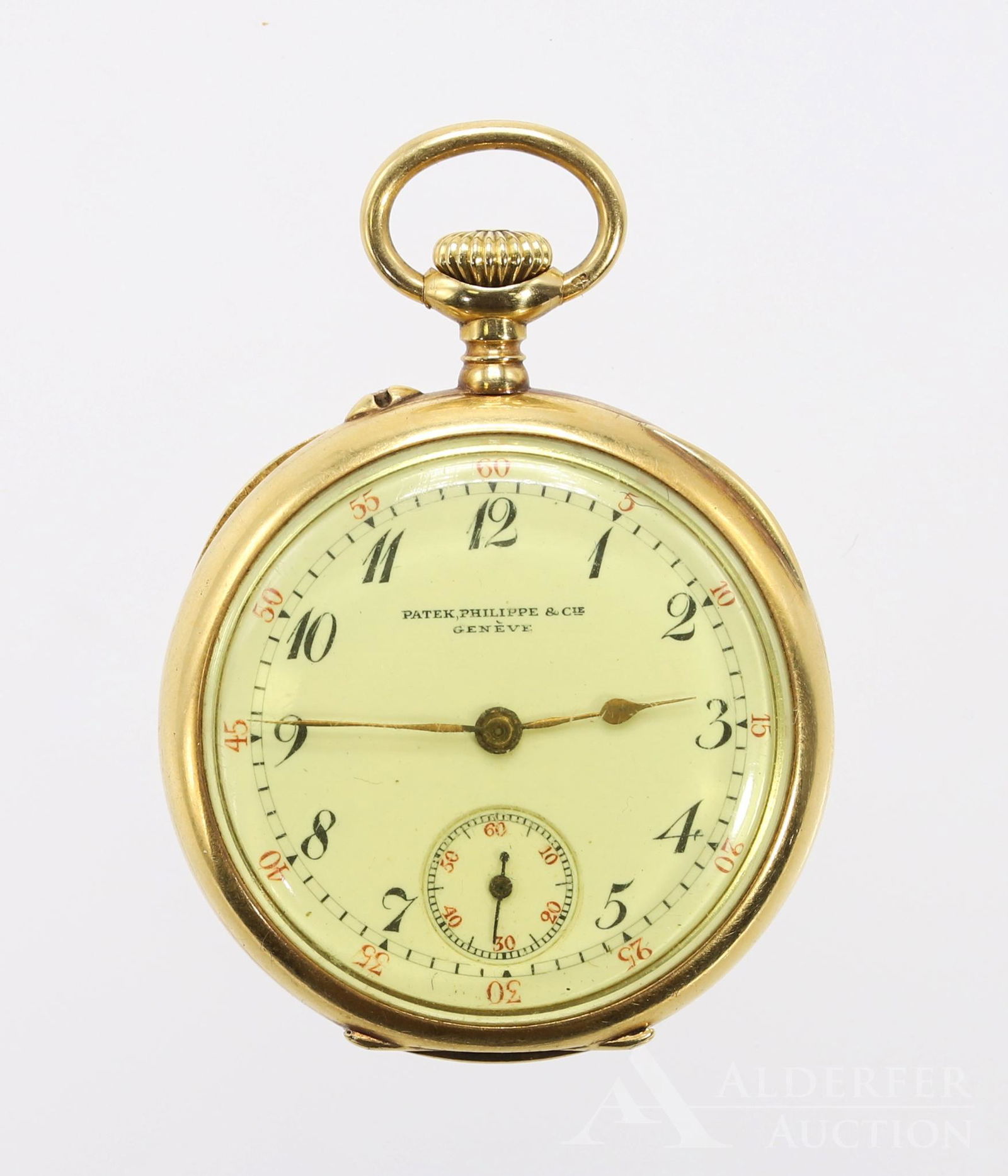 Patek Philippe & Cie 18KY Gold Pocket Watch: Open face case with monogrammed rear cover. White single sunk dial with black Arabic numerals and golden spade hands. Pin set. Cuvette engraved No.157519 Patek Philippe & Cie Geneve. Yellowed cr