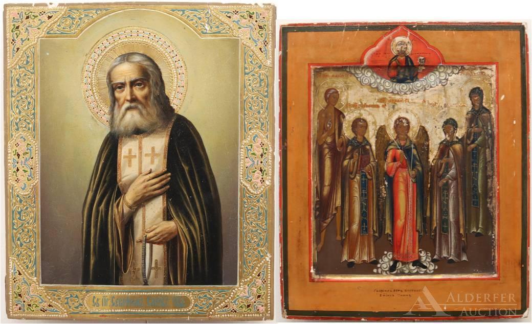 Russian Icons, Seraphim of Sarov & Selected Saints: Tempera and gilding on gesso on panel with enamel accents, Holy Venerable Seraphim of Sarov, Wonderworker. 12"h x 10.25"w. Tempera and gilding on gesso on panel, depicting selected saints includi