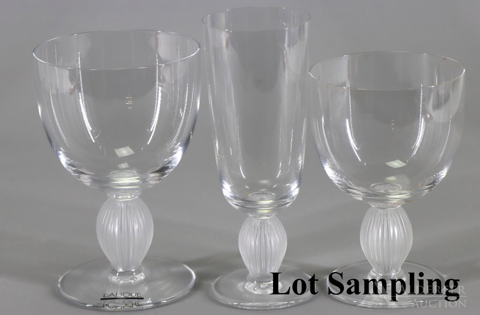 Lalique Langeais Stemware: Water goblets (14), burgundy wines (12), and champagne flutes (6), marked, some with labels, also includes (4) original boxes. Goblets 5.5"h **Please Note: This item is NOT eligible for in-house shipp