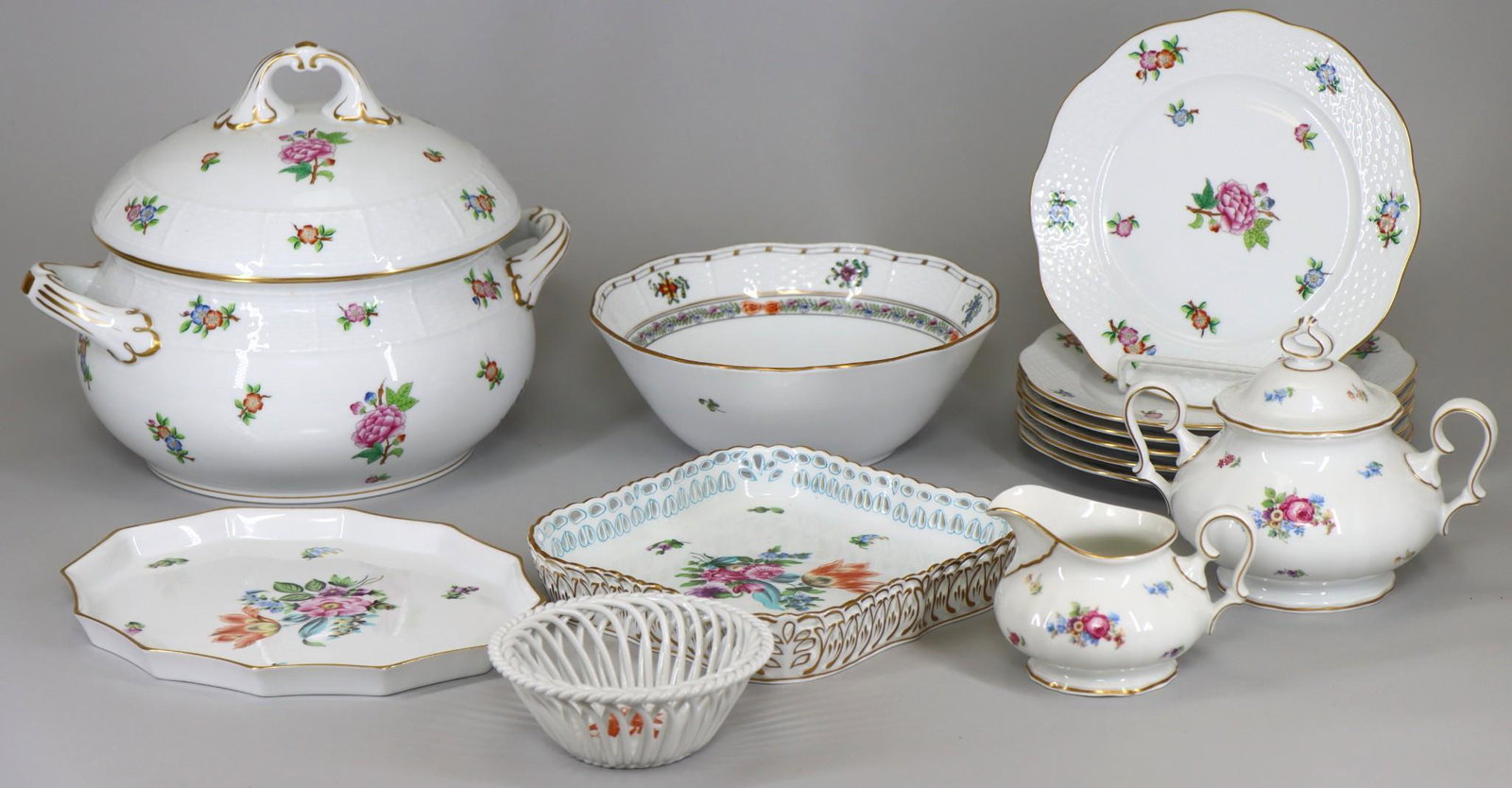 Herend & Rosenthal Floral Porcelain Tablewares: Herend round covered vegetable server, serving bowl, salad plates (6), square pierced tray, scalloped oval tray, and small round basket, patterns include "Eton", "Indian Basket - Multicolor", "Chinese