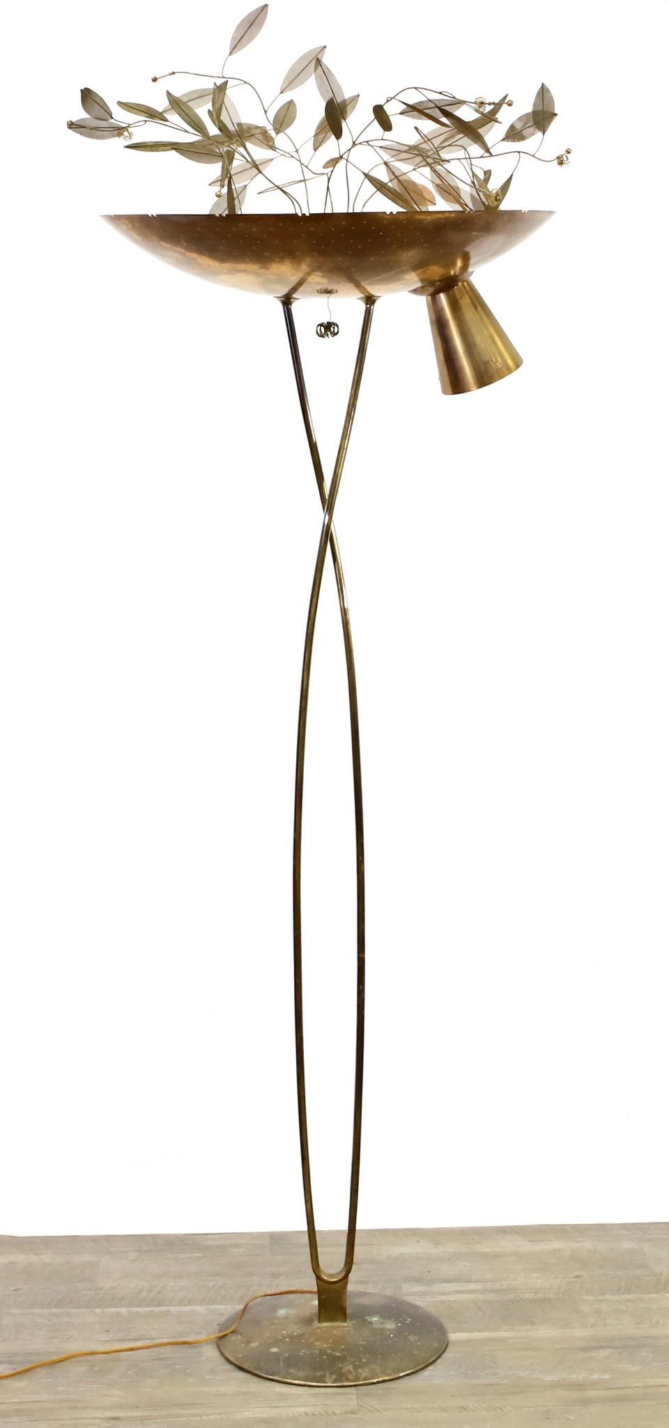 Paavo Tynell "Concerto" Series Floor Lamp: Brass with a pierced dome with a rotating ball extension lamp and wire mesh foliate stems, criss-cross body, circular base. Model No. 10506. Designed for Taito Oy. Impressed marked, "Taito T
