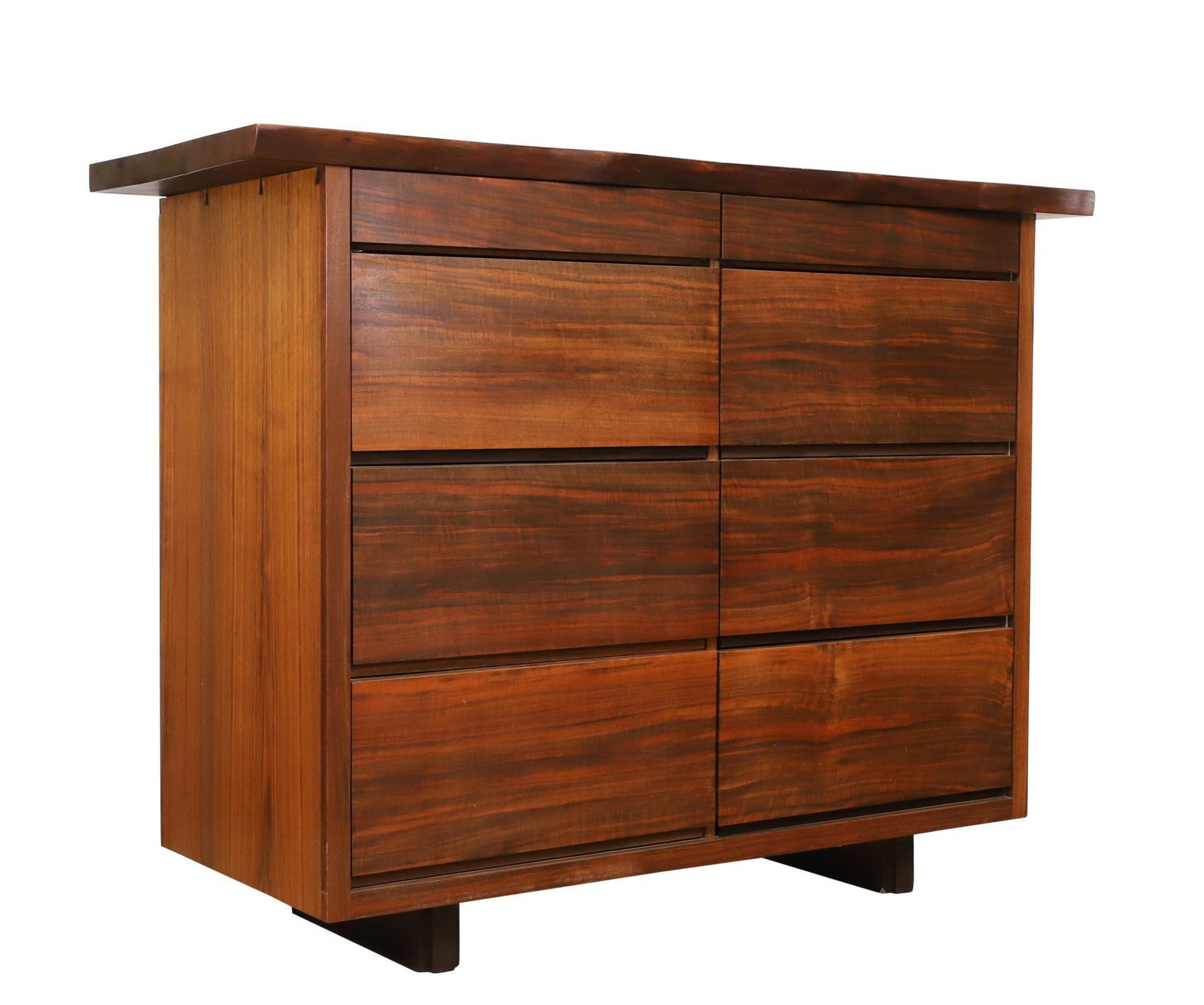 Black Walnut Live Edge Chest of Drawers: Handcrafted custom design. Free form edge overhanging top with butterfly tenon and dovetail construction, double sided drawers, trestle molded legs. 48"h x 63"w x 25"d **Please Note: This item is NOT 