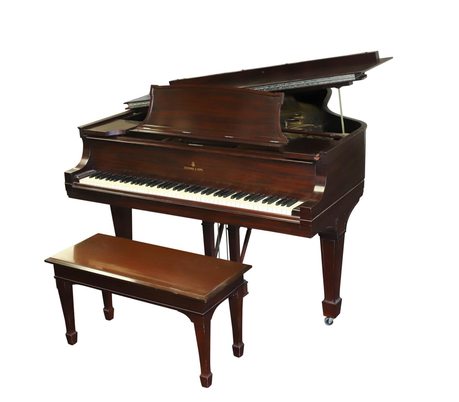 Steinway Baby Grand Piano: Model L. Serial No. 224972. Mahogany case with complementing lift-up stool. Approx. 36" - 60"h x 57"w x 65"d **Please Note: This item is NOT eligible for in-house shipping. Please refer to the terms a