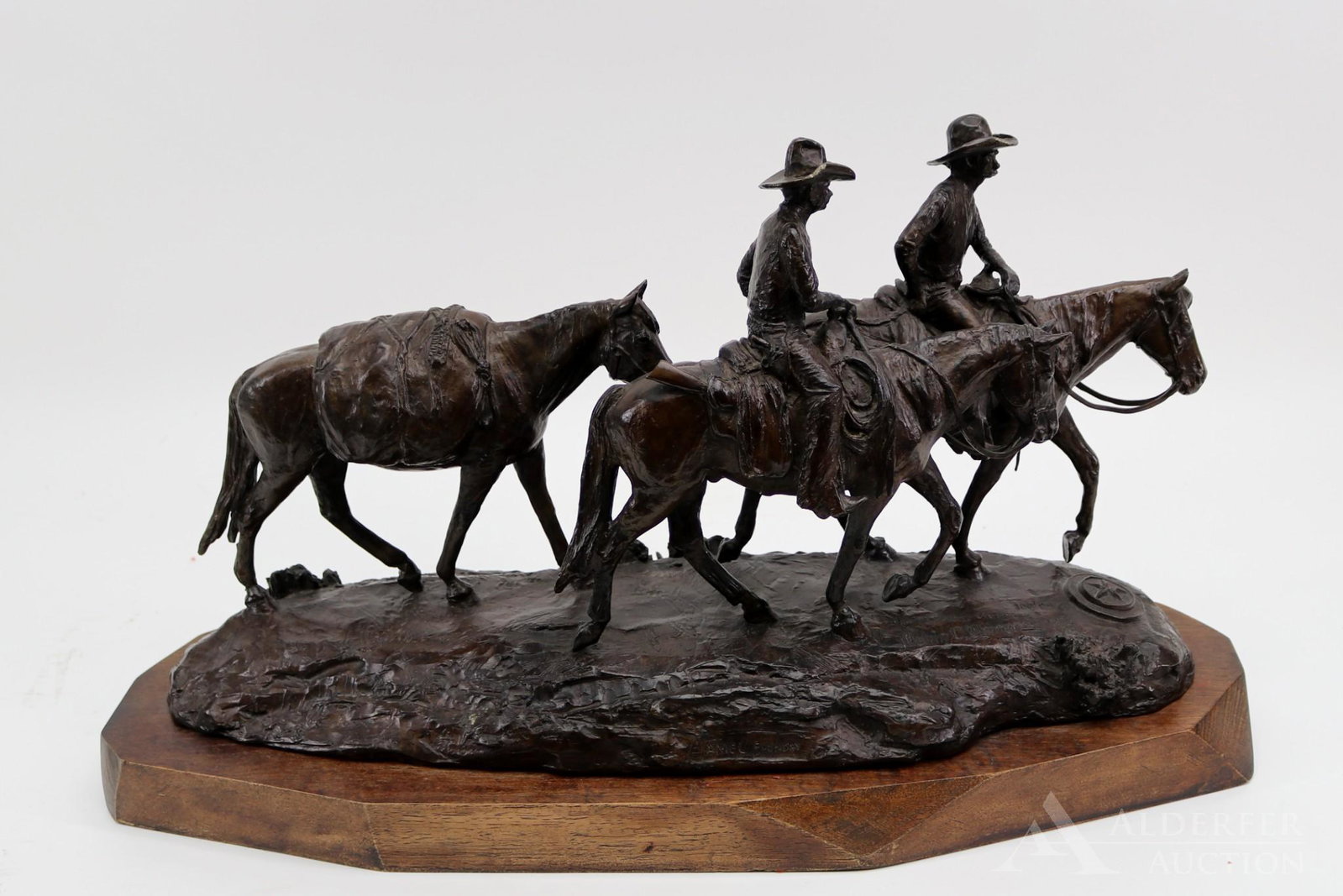 Melvin C. Warner (American 1920-1995) Bronze Sculpture: Texas Rangers on Patrol, signed on the base, numbered 100 of 150, dated 1972, Amel Foundry mark, Sesquicentennial Anniversary logo incorporated in the casting, mounted to wooden base. 13.5"h