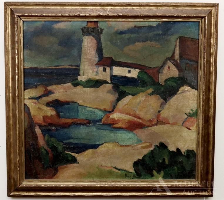 Mary Bean (1904 - 1997): Oil on course textile (burlap), SLC. Expressionist landscape with an enclosed inlet and a lighthouse in the distance. 22"h x 24"w and 26.5"h x 28.5" framed **Please Note: This item is NOT eligible for