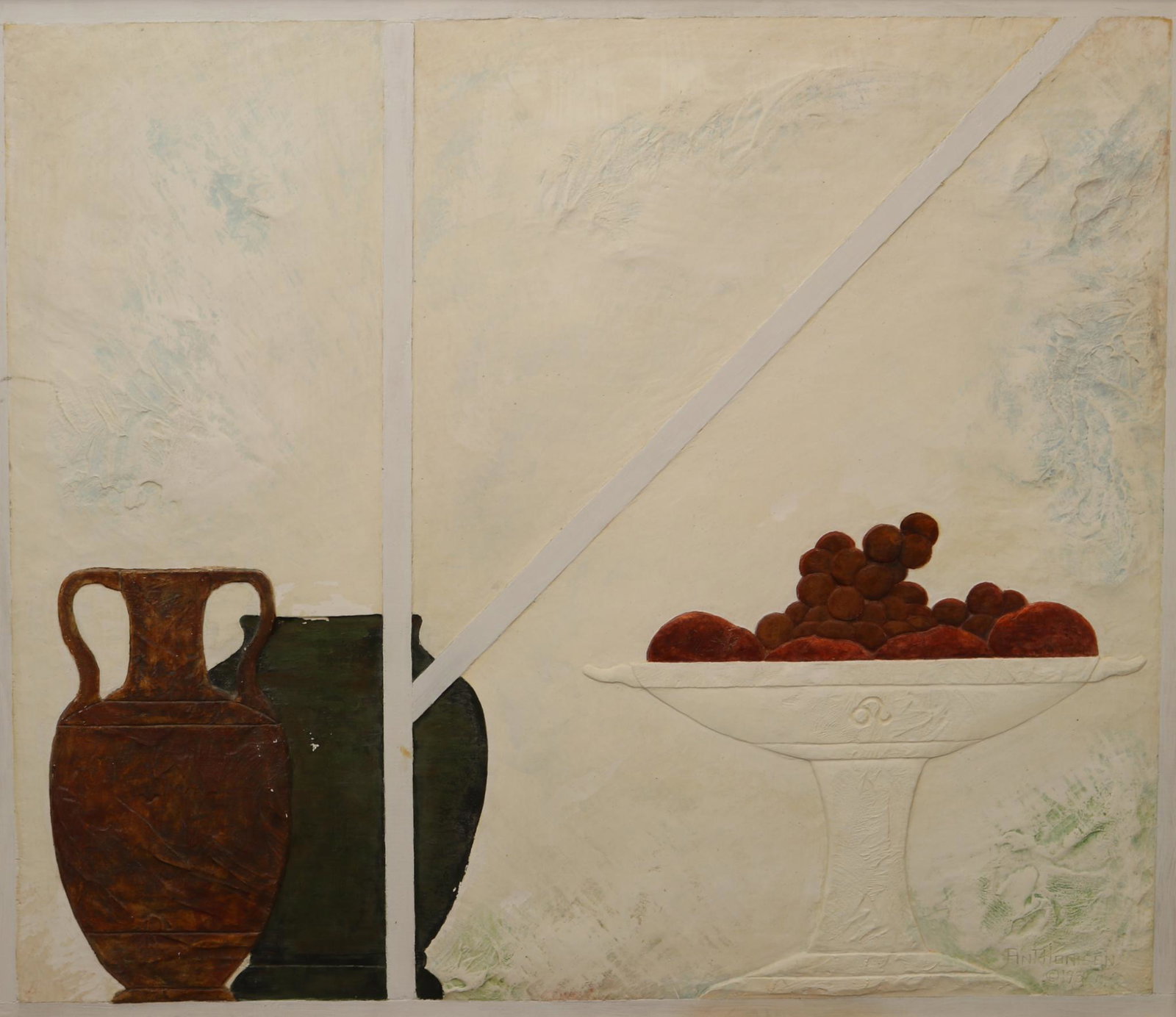 George Anthonisen (b. 1936): Plaster fresco, "Zodiac Series #5: Leo", SDLR and en verso. Still life with Grecian pottery and fruit. 28"h x 24"w framed **Please Note: This item is NOT eligible for in-house ship