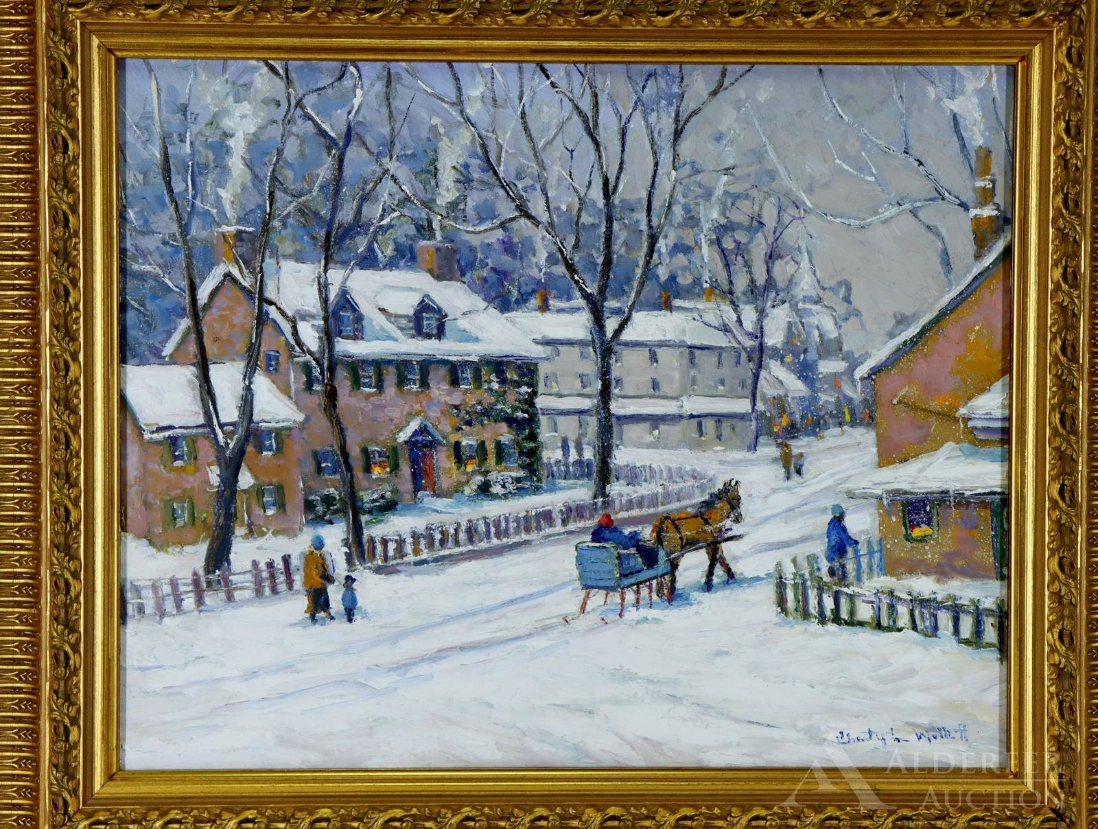 Christopher Willett (born 1959): Oil on board, "Parry Mansion, New Hope, Day after Christmas". SLR. Snow swept landscape with horse drawn sleigh and travelers. 16"h x20"w and 22"h x 26"w framed **Please Note: This item is NOT eligibl