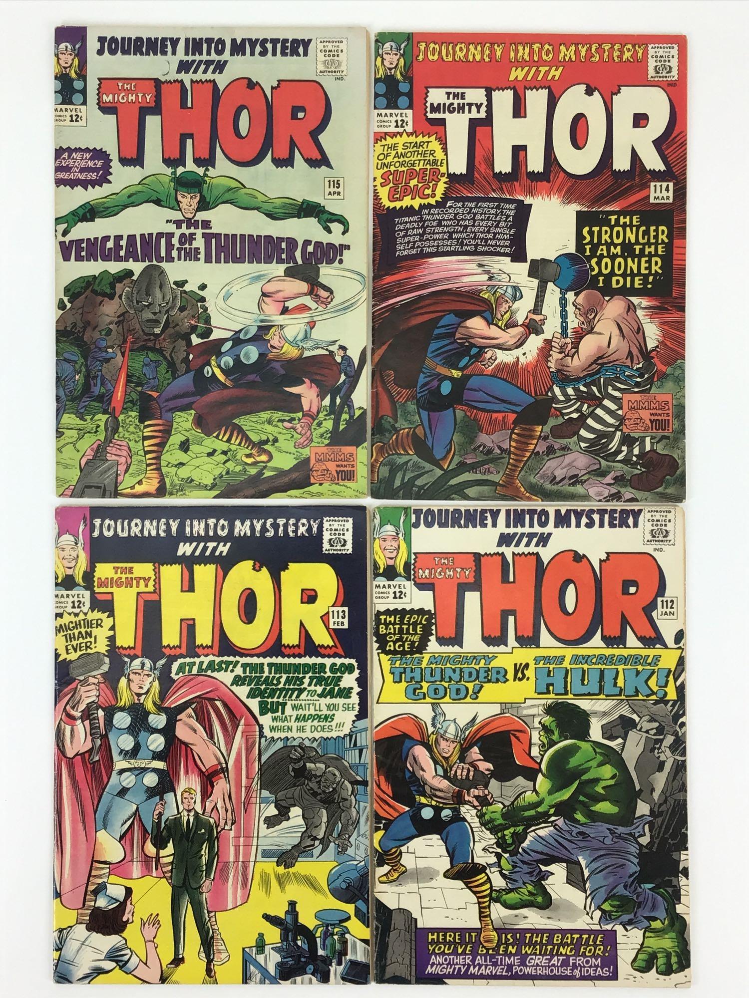 Journey into Mystery #112-115: Classic Thor battles The Hulk Cover, 2nd Appearance of Grey Gargoyle, 1st appearance and Origin of Absorbing Man. In depth origin of Loki.