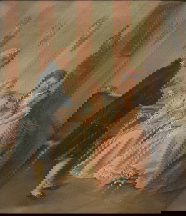 H. Erdman.: Interior scene with figures in Continental garb, oil on canvas, 22 1/2" x 20", SLR, "H. Erdman". Condition: no defects observed.