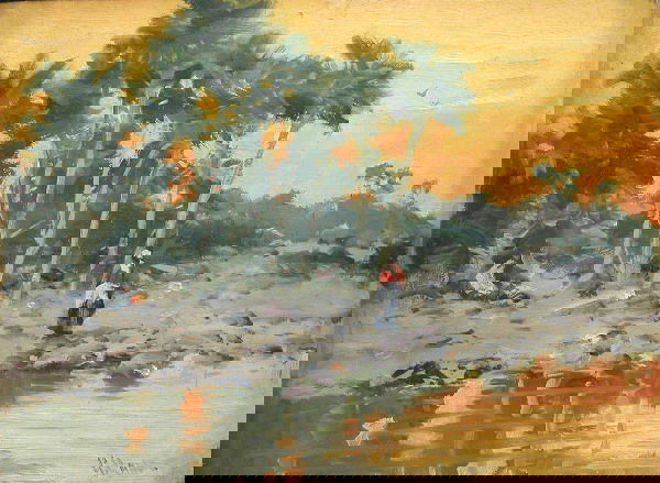 William Gilbert Gaul.: Tropical sunset landscape with figures, oil on canvas panel, 12" x 16", SLR, "G. Gaul". Artist: b. 1855, d. 1919, American. Condition: scattered cracking.