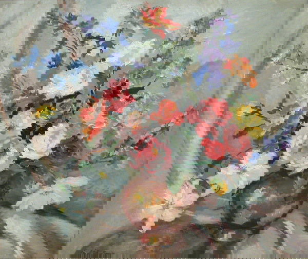 Pearl Van Sciver.: Titled, "Summer Flowers", oil on canvas, 25" x 30", SLL, "Pearl A. Van Sciver". Artist: b. 1896, d. 1966, Pennsylvania. Condition: no defects observed.