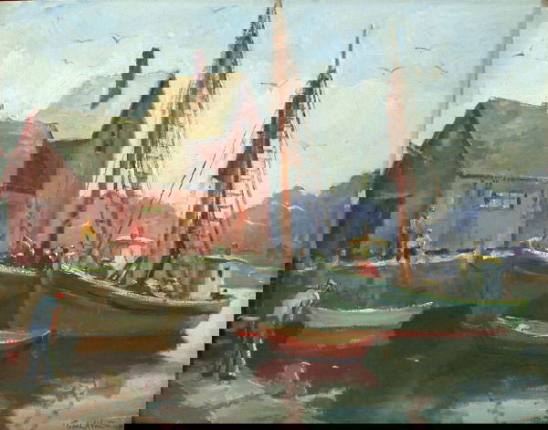 Pearl Van Sciver.: Rockport harbor scene, oil on canvas, 22" x 28", SLR, "Pearl A. Van Sciver". Artist: b. 1896, d. 1966, Pennsylvania. Condition: no defects observed.