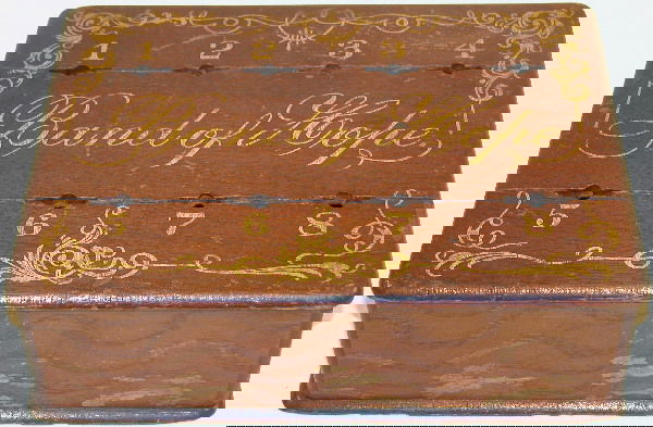 "Band of Hope" Wooden Box.: Mixed wood box, the top having eight slots and gilt-decorated lid, inscribed, "Band of Hope", 7 1/2"w, 9 1/2"l., 3"t. Condition: some loss to finish, cracking.