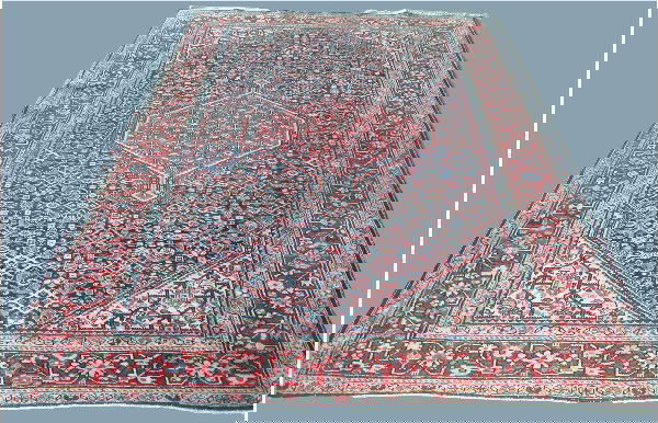 Mahal Sarouk.: Central rust diamond on navy floral field, rust and pale blue borders, circa 1930, 4'4" x 6'7". Condition: no defects observed.