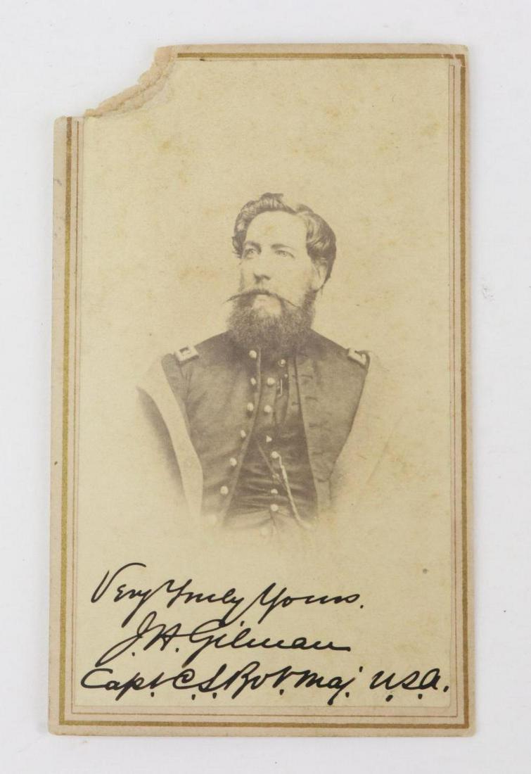 CDV of Bvt. Major Jeremiah H. Gilman-Defender of Fort: Carte de visite photograph of a bust view of Jeremiah H. Gilman wearing uniform with major's shoulder straps. Signed at lower portion of image "Very Truly Yours, J.A. Gilman Capt. C.S. Bvt. Mal USA".