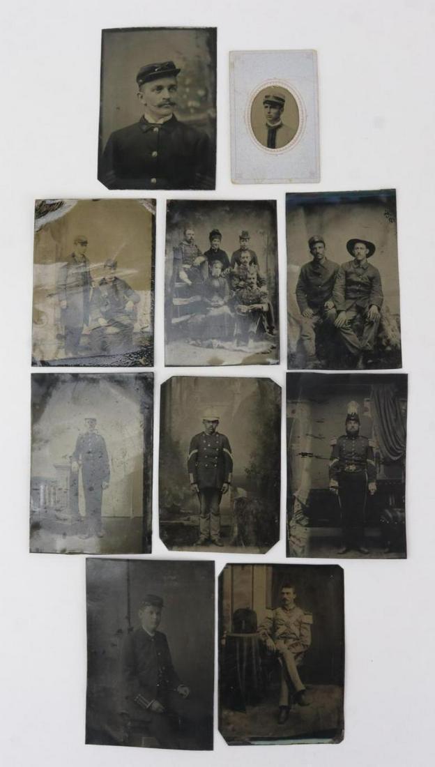 Post Civil War Tintypes of Soldiers, Officers and: Post-Civil War period carte de visite sized tintype photographs (10) of unidentified soldiers, officers and cadets. Grouping includes; 1.) Bust view of sergeant wearing kepi with crossed rifle insigni