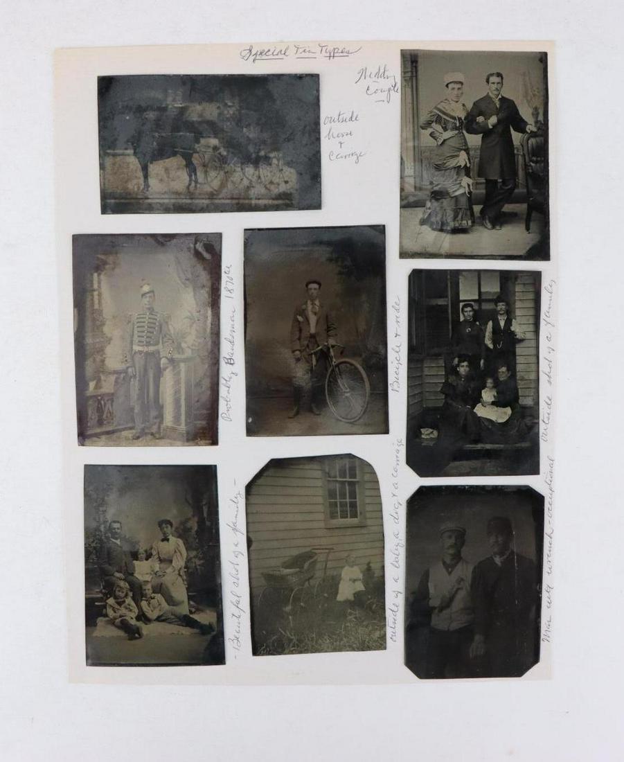 Tintypes: Tintypes with interesting content (9) including; 1.) Horse drawn buggy (image losses) measuring 2.25" x 3.75". 2.) Man in National Guard type uniform measuring 3.5" x 2.5". 3.) Men with bicycle measur