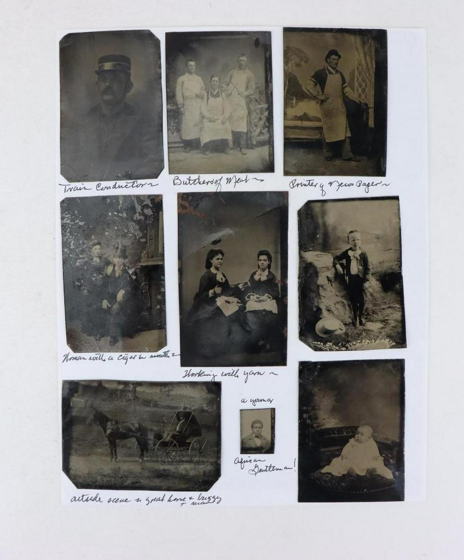 Tintypes: Tintypes with interesting content including; 1.) Bust view of man wearing railroad baggage master hat measuring 3.5" x 2.25". 2.) Occupational group of three butchers measuring 3.25" x 2.25". 3.) Men 