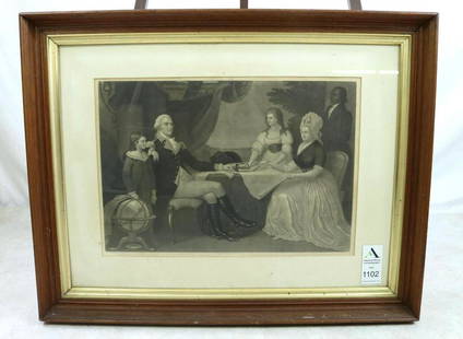 Nineteenth Century Engraving of Washington by Sartain: Nineteenth century engraving of George Washington and his family painted by Edward Savage and engraved by John Sartain. Engraving measures 17.5" x 24.5" (sight) and is housed in deep frame measuring 2