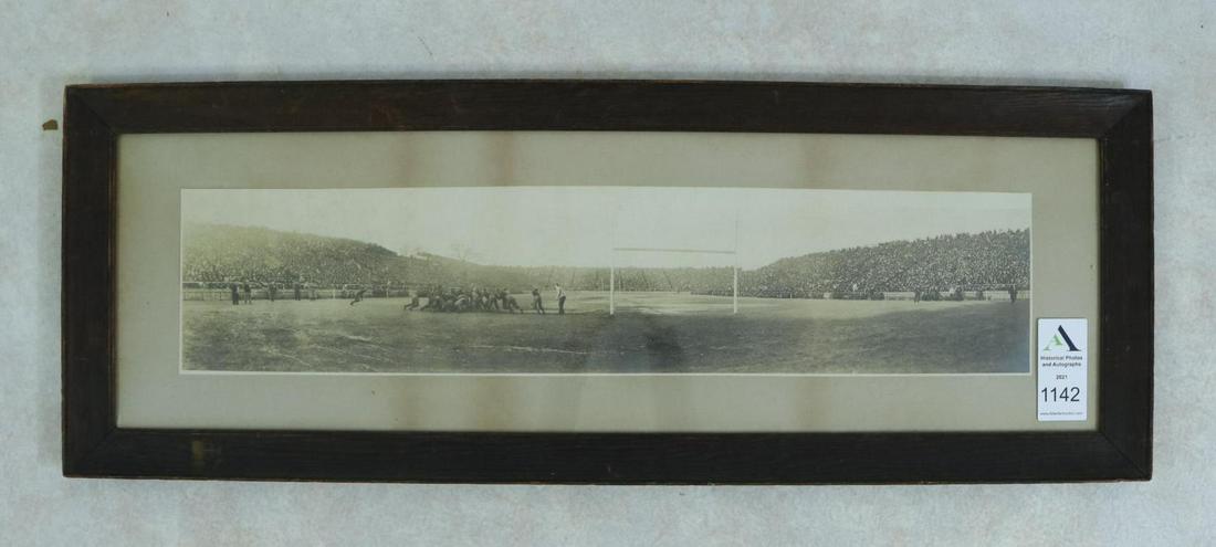 Pre-WWII "Yard Long" Photograph-Football: Pre-World War II photograph of a football game showing team making goal line stand. Photograph measures 7.5" x 33" (sight) and is housed in 15.5" x 42.5" pickled oak frame. Photograph exhibits some to