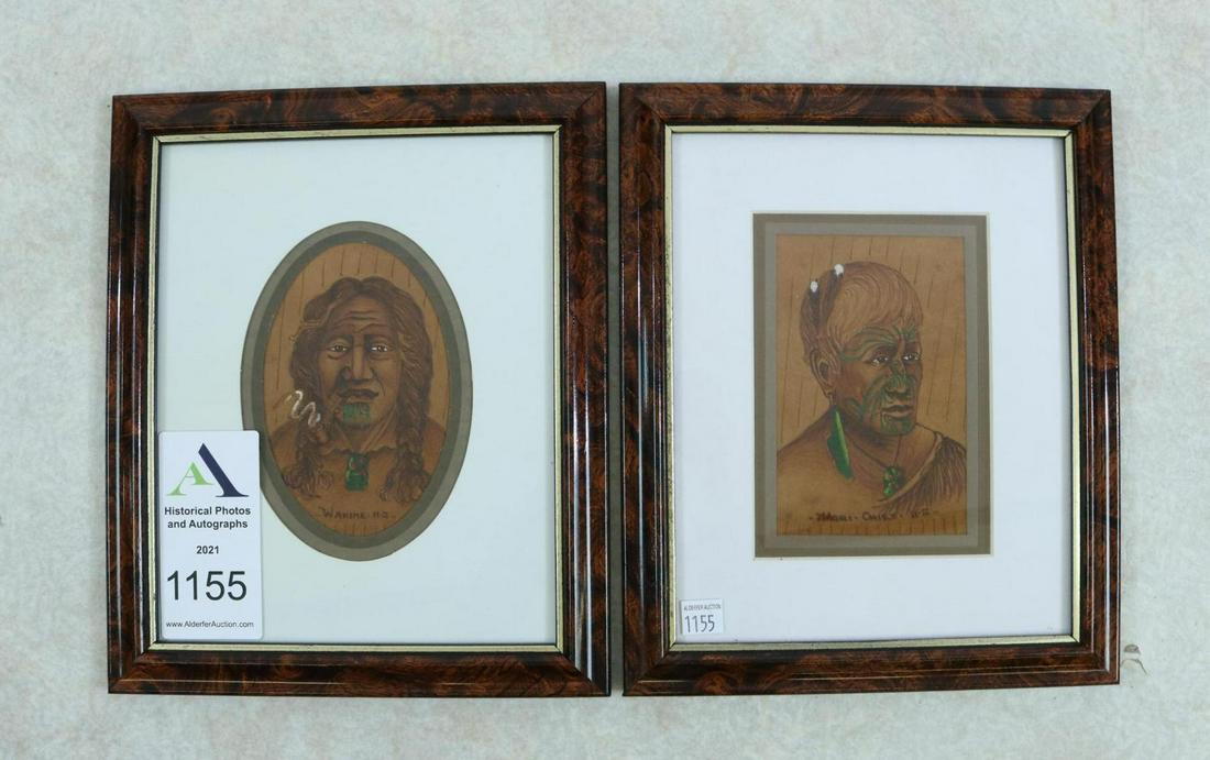 New Zealand Paintings On Leather: Paintings on leather (2) including 1.) Bust view of subject titled "Wahine N.Z." measuring 6.4" (sight) housed in frame measuring 12" x 9.75". 2.) Bust view of subject titled "Maori Chief N.Z." measur