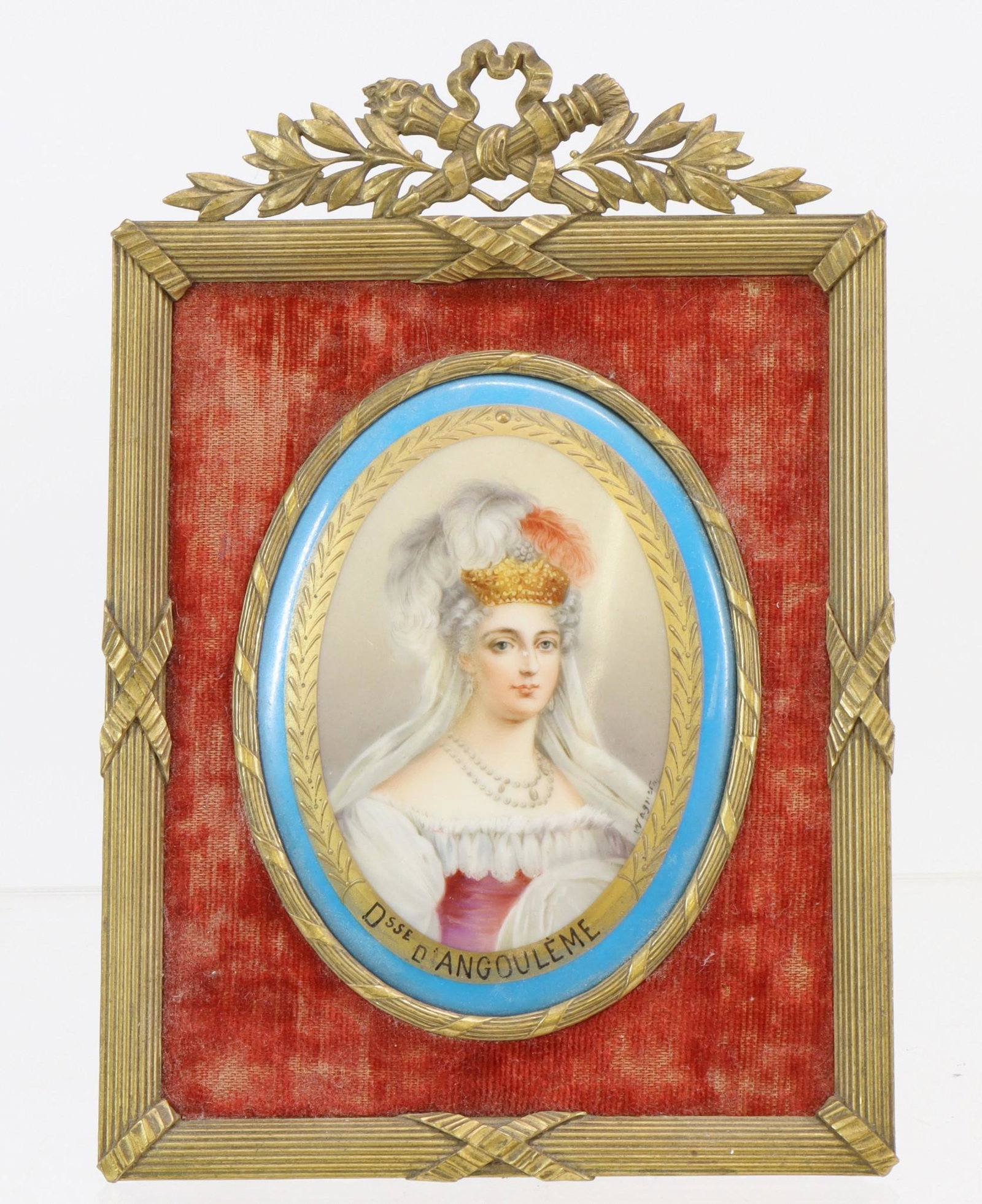 19th c. Miniature Portrait: 19th c. miniature portrait of the Duchess d'Angouleme, signed Wagner. In period frame. 7.5”h x 5”w **Please Note: This item is NOT eligible for in-house shipping. Please refer to the terms