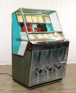 Seeburg Select-O-Matic 200 Jukebox: Model No. 201. Serial No. 2402. High Fidelity. In full working condition with EP records from such as The Beatles, Elvis Presley, Chubby Checker, The Four Seasons, The Eagles, Simon & Garfunkel, and