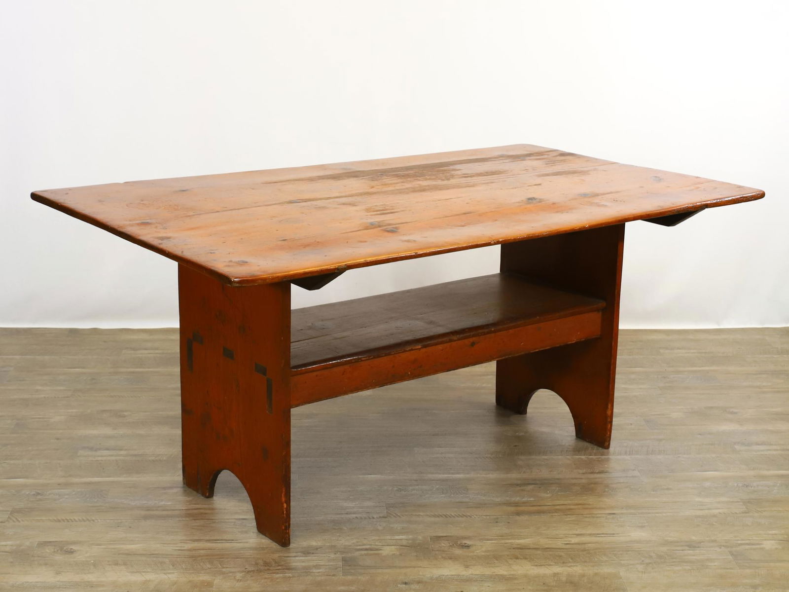 Country Pine Hutch Table: Rectangular top, tenon construction, bench seat with cut-out feet. 29"h (55"h open) x 65"w x 38"d **Please Note: This item is NOT eligible for in-house shipping. Please refer to the terms and conditio