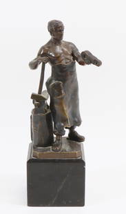 Hans Keck (1875 - 1941): Bronze, signed. Figural statue of a working blacksmith. 11.5”h x 3.75”w **Please Note: This item is NOT eligible for in-house shipping. Please refer to the terms and conditions of this