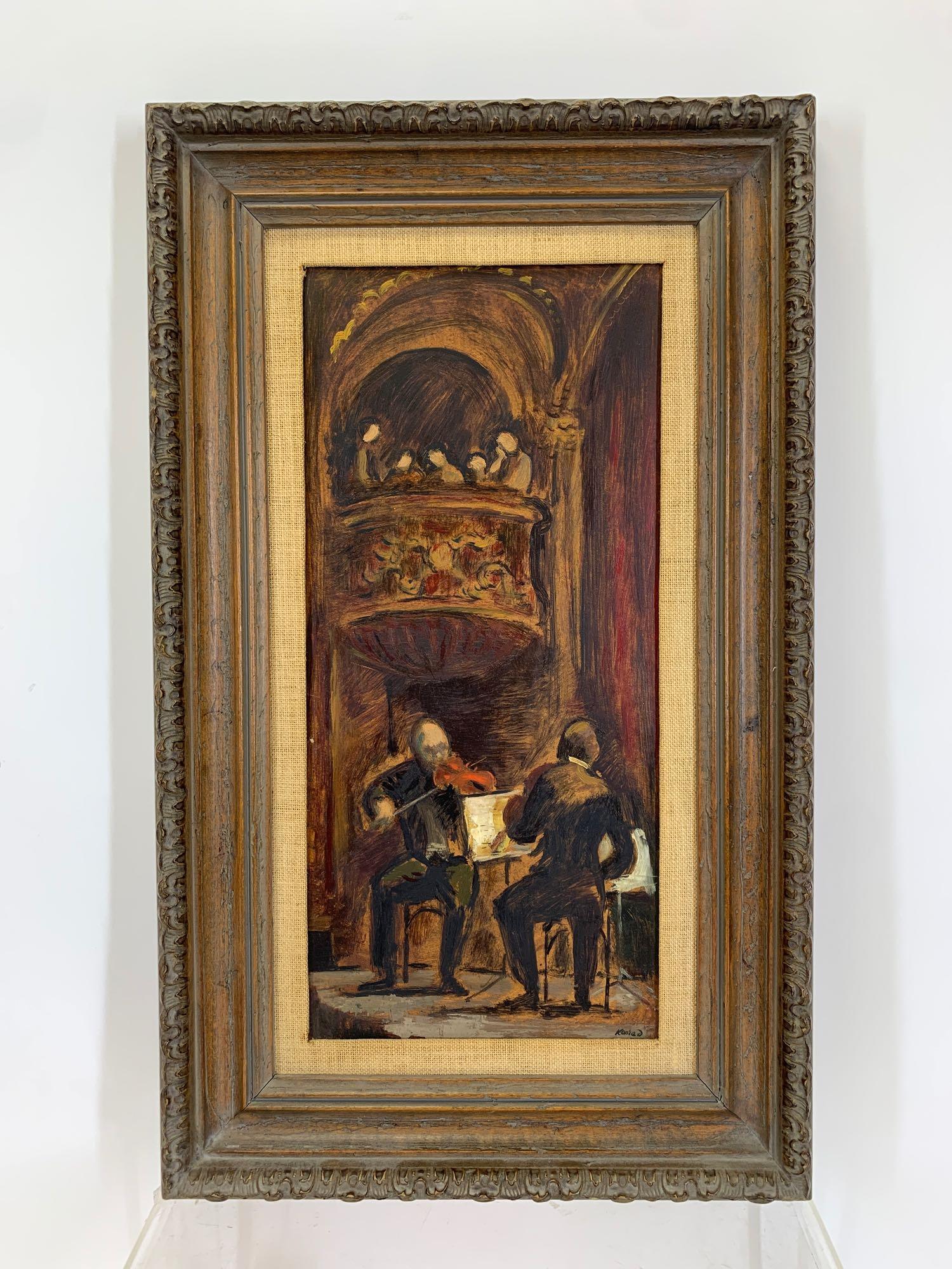 Adolf Ferdinand Konrad (1915 - 2003): Oil on board, SLR. Theater setting with musicians performing and audience in the balcony. 15.5"h x 7.75"w and 19"h x 11.5"w **Please Note: This item is NOT eligible for in-house shipping. Please refer